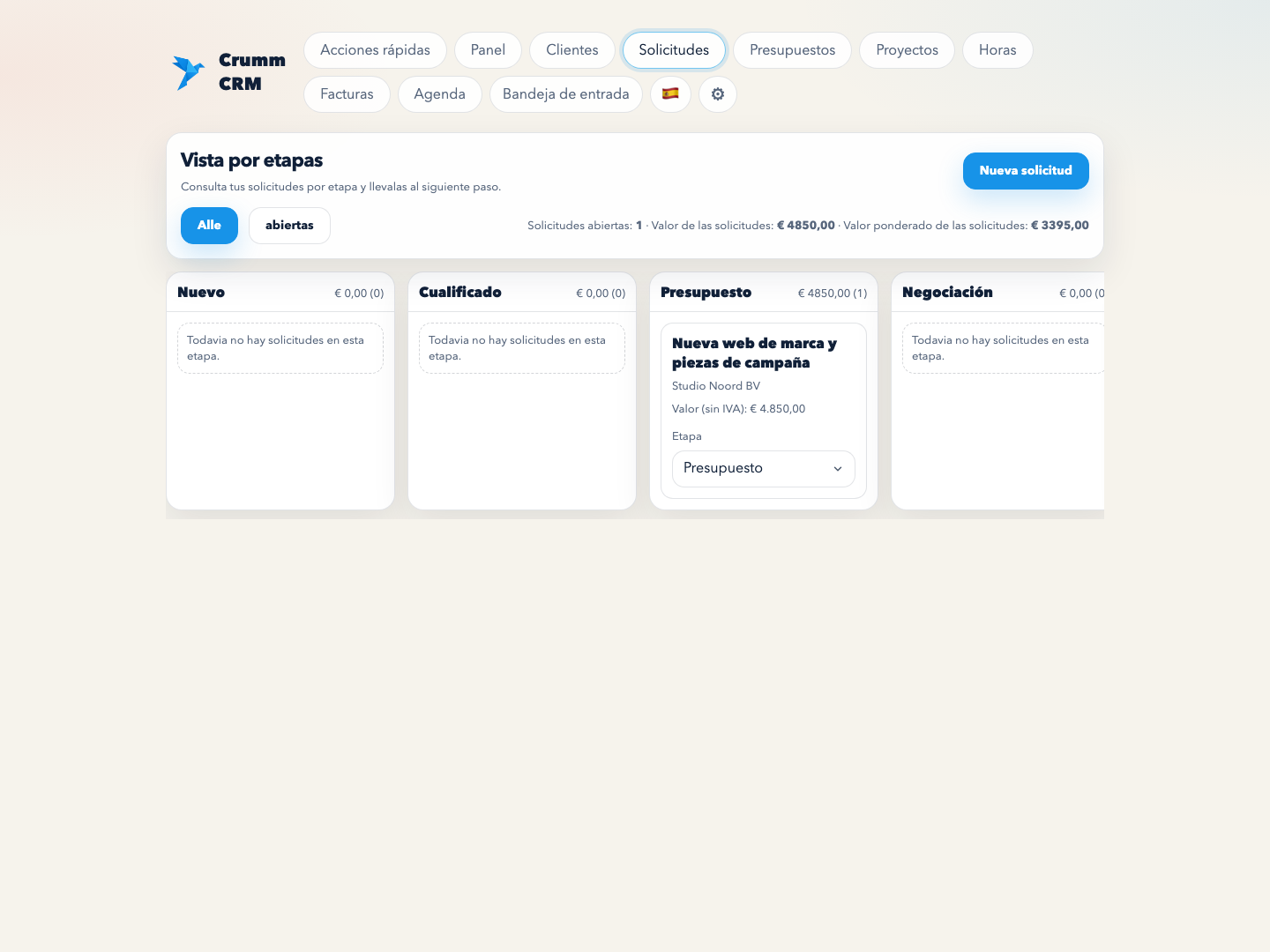 Panel de Crumm con ingresos, solicitudes, facturas y proyectos