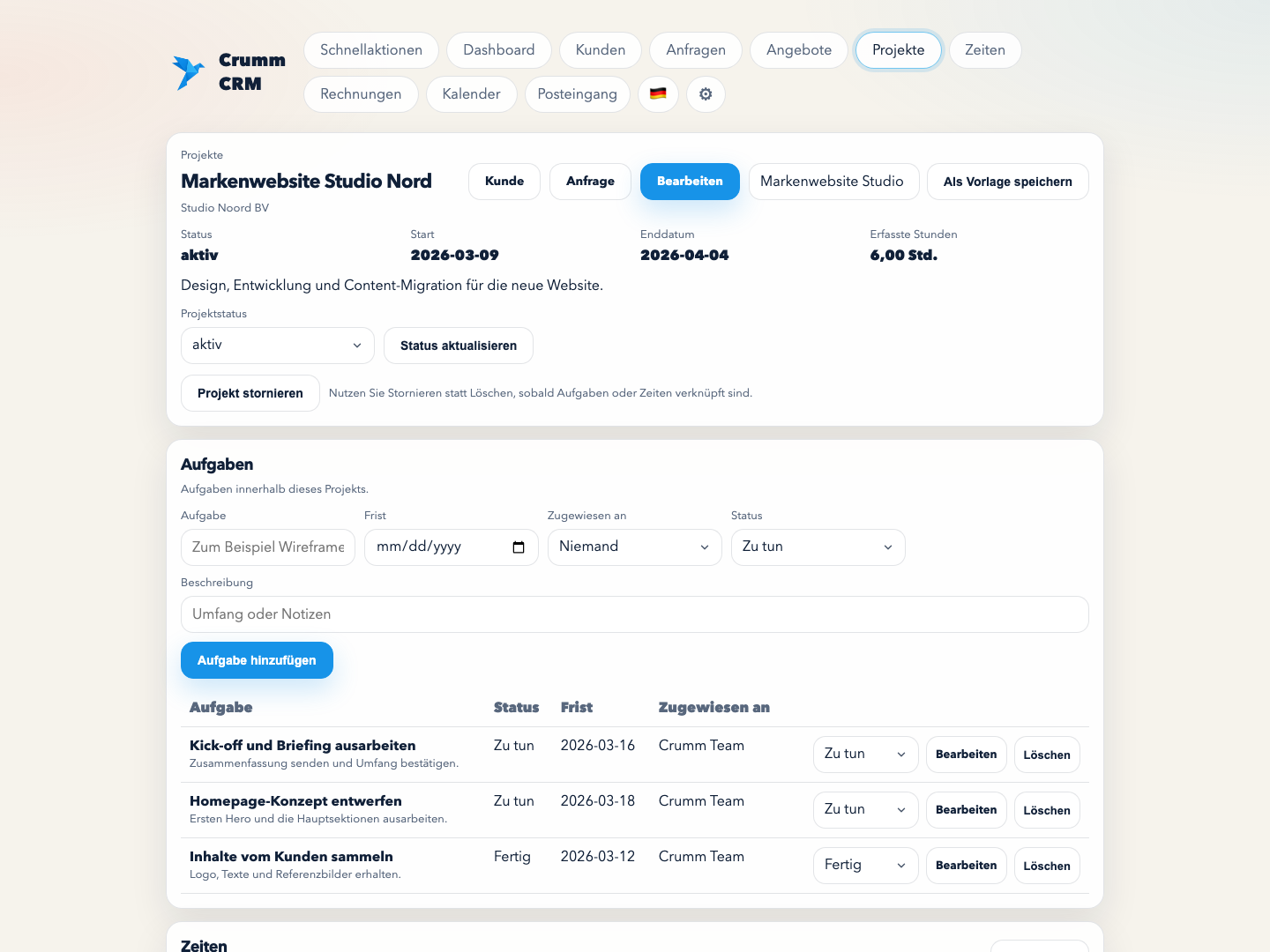 Crumm-Projektansicht mit Aufgaben, Status und Zeiterfassung