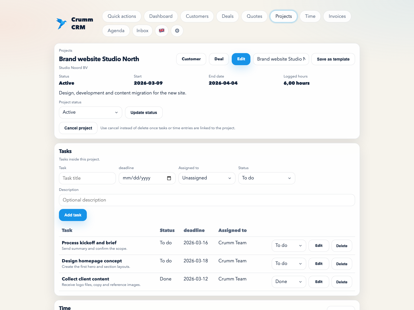 Crumm project screen with tasks, status and tracked time